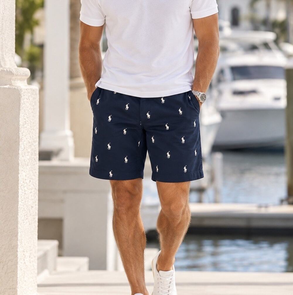 Polo Ralph Lauren Mens 36 Navy Chino Shorts All Over Pony Embroidered Preppy